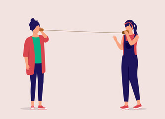 Two Young Woman Using Paper Cup Phone To Talk And Listen To Each Other. Full Length. Flat Design Style, Character, Cartoon.