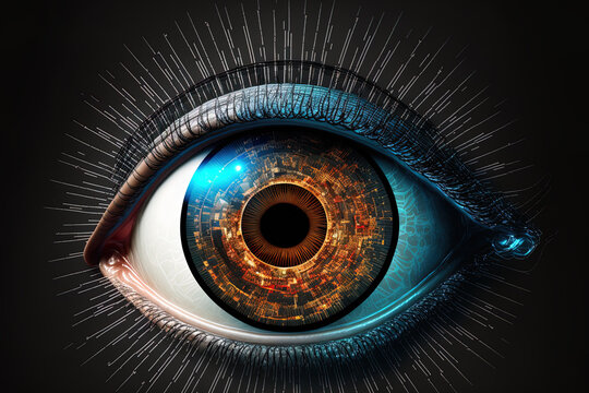 retinal biometrics technology with man's eye digital remix. Generative AI