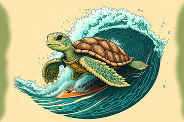 cute cartoon symbol of a turtle riding a wave. sport emblem with an animal in it. Generative AI
