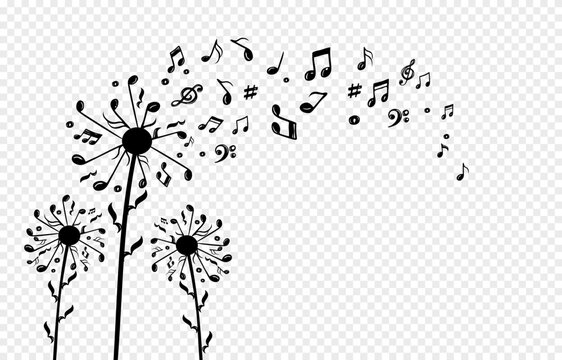 Dandelion with flying notes and seeds. Vector isolated decoration element from scattered silhouettes