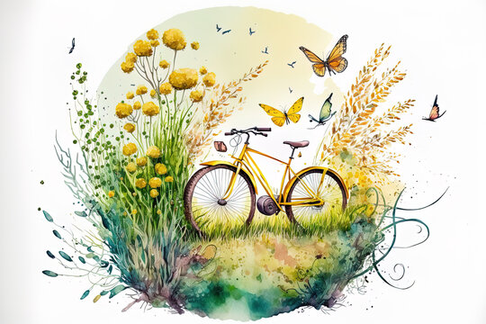 Bright landscape view with summer meadow, yellow bicycle, butterflies, and green grass isolated on white backdrop. watercolor drawing created by hand. Generative AI