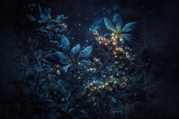 Naklejka na ściany i meble starry night sky star flashes nebula plant backdrop with a dark blue milky manner. Generative AI