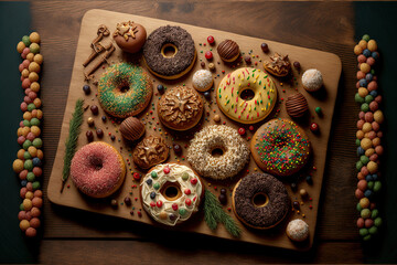 a wooden board covered in festive balls and delicious doughnuts. Generative AI