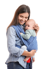 Mother holding her child in sling (baby carrier) on white background