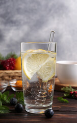Delicious immunity boosting drink and ingredients on wooden table