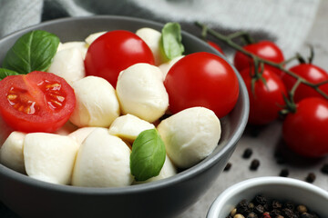 Delicious mozzarella balls in bowl, tomatoes and basil leaves on table, closeup