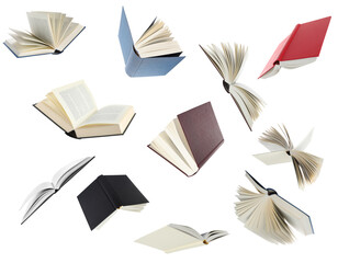 Many hardcover books falling on white background