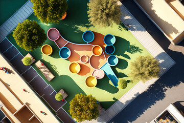 Top view of a deserted, brand new playground for kids in a high rise apartment building courtyard on a warm summer day. Generative AI - obrazy, fototapety, plakaty