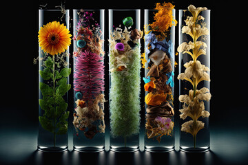 experiment for science. Flowers, fruits, and herbs in test tubes. Generative AI