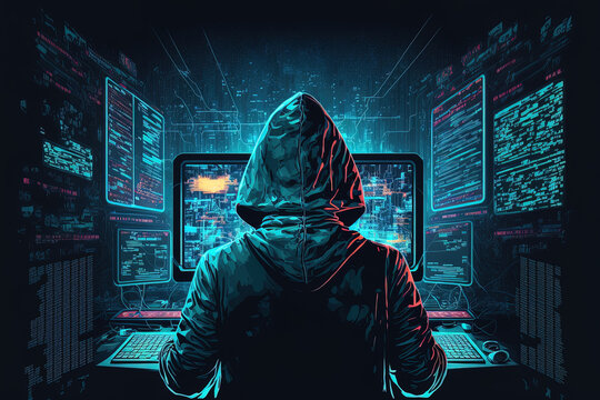 cyber criminal hacking system at monitors hacker hands at work internet crime concept hacker steals. Generative AI