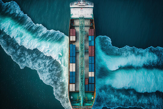 view from above of a cargo ship at sea. Generative AI