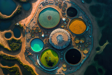 Metropolitan Waterworks Authority from the air. Microbiology of the production and transport of drinking water, aerial top view, panorama. Generative AI