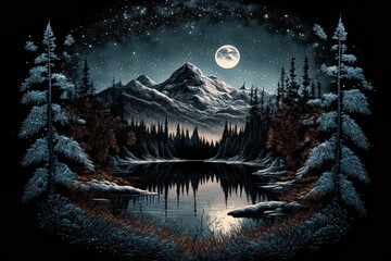 Fototapeta premium Nighttime scene of a frozen lake and fir trees in a winter environment with mountains and forest. Generative AI