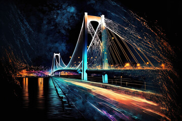 The Bosphorus Bridge in Istanbul at night. fifteenth Martyrs Bridge (15 Temmuz Sehitler Koprusu). Turkey's Istanbul. Generative AI