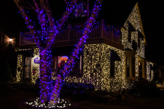 Christmas Lights And Decorations On Main Street In Downtown  Rochester Hills, Michigan