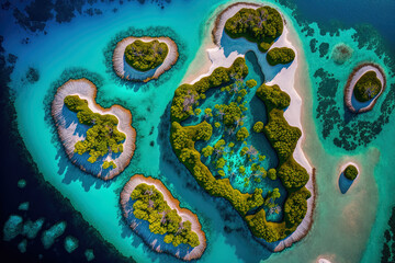 Aerial image of a genuine archipelago of tiny, unique atoll islands. Stunning natural landscape backdrop. Generative AI - obrazy, fototapety, plakaty