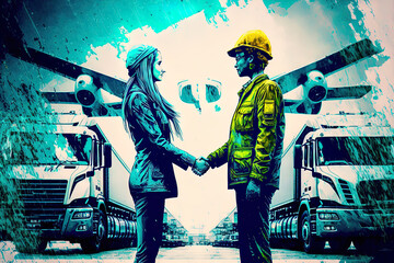 After successfully completing company logistics transportation service, a warehouse business foreman and ceo management lady in safety suit clasp hands and close a work for transport and logistics