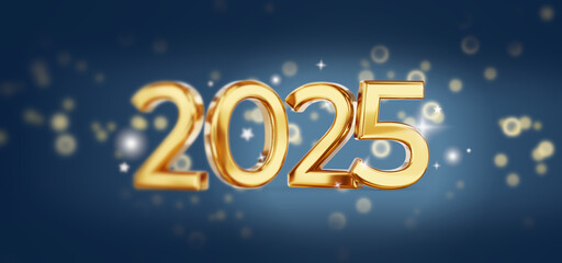 2025 golden symbol and creative bokeh background 3d-illustration