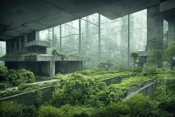 Fototapeta premium A magnificent building that has grown a lot of grass because it is not occupied and makes it spooky.