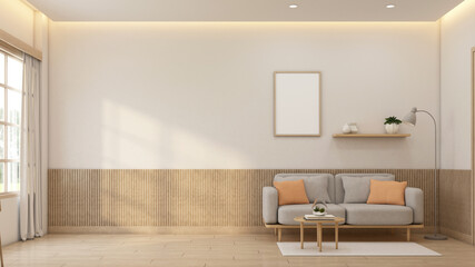 Minimalist style empty room decorated with sofa and picture frame. 3d rendering