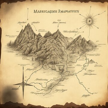 A fantasy map that centers around a mountain that shows electricity running through the center of it.