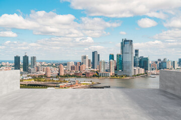 Obraz premium Skyscrapers Cityscape Downtown, New York Skyline Buildings. Beautiful Real Estate. Day time. Empty rooftop View. Success concept.