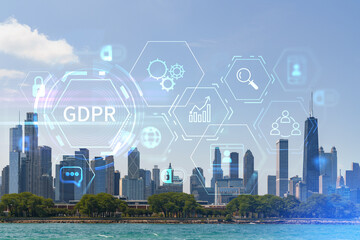 Fototapeta na wymiar City view of Downtown skyscrapers of Chicago skyline panorama over Lake Michigan, harbor area, day time, Illinois, USA. GDPR hologram, concept of data protection regulation and privacy for individuals