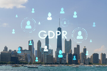 City view of Downtown skyscrapers of Chicago skyline panorama over Lake Michigan, harbor area, day time, Illinois, USA. GDPR hologram, concept of data protection regulation and privacy for individuals