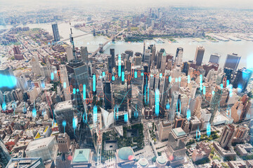 Aerial panoramic helicopter city view, Lower Manhattan, Downtown, New York, USA. World Trade Center, bridges. Forex candlestick graph hologram. The concept of internet trading, brokerage, analysis