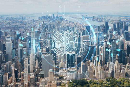 Aerial panoramic helicopter city view of Midtown Manhattan neighborhoods and Central Park, New York, USA. Artificial Intelligence concept, hologram. AI, machine learning, neural network, robotics