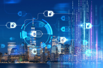 Skyline of New York City Financial Downtown Skyscrapers at night. Manhattan, NYC, USA. View from New Jersey. Decentralized economy. Blockchain, cryptography and cryptocurrency concept, hologram