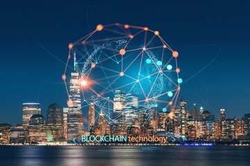 Fototapeta na wymiar Skyline of New York City Financial Downtown Skyscrapers at night. Manhattan, NYC, USA. View from New Jersey. Decentralized economy. Blockchain, cryptography and cryptocurrency concept, hologram
