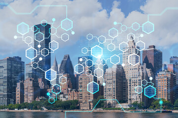 New York City skyline from Roosevelt Island over the East river towards skyscrapers of Midtown Manhattan, day time. Decentralized economy. Blockchain, cryptography and cryptocurrency concept, hologram