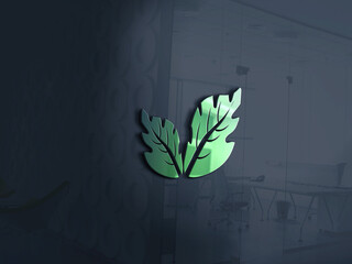 3d illustration of a leaf logo on a dark blue wall, in an office