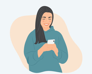 Happy woman with smartphone in hand checking her social media accounts. Vector illustration concept of using social media or online marketing.