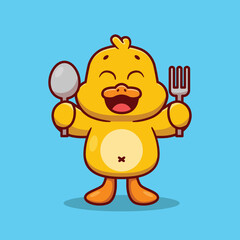 Cute duck character cartoon mascot wants to eat