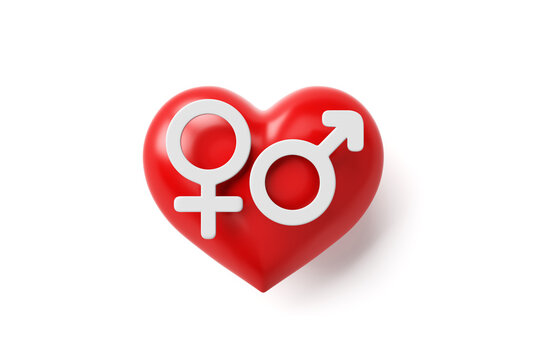 3d heart red reflect male female gender symbol love theme on white background. Concepts of gender equality human rights families and valentine. Isolated with clipping path. 3D Illustration.