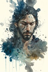 Ink splatter portrait of a handsome man; (GENERATIVE AI, FICTIONAL PERSON)