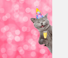 Happy cat wearing birthday cap holds glass of champagne and look from behind empty board. Shade...