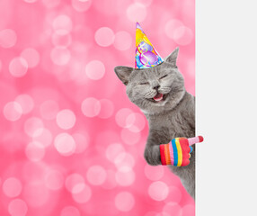 Happy cat  wearing party cap and sunglasses points away on empty white banner. Shade trendy color of the year 2023 - Viva Magenta background. Empty space for text