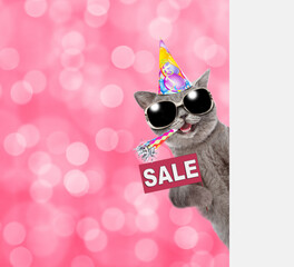 Happy cat wearing birthday cap shows signboard with labeled "sale" and looks from  behind empty white banne.  Shade trendy color of the year 2023 - Viva Magenta background. Empty space for text