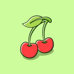cherry drawing illustration in cute cartoon style on isolated background