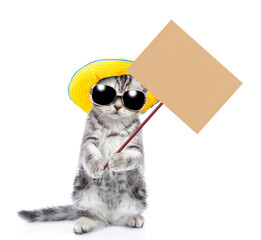 Tabby kitten wearing sunglasses and summer hat shows empty placard. isolated on white background