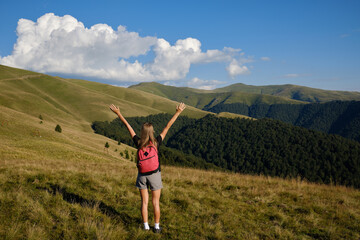 Fototapeta premium The girl stands on the edge of a high mountain . The girl looks at the beautiful mountain landscape