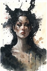 Ink splatter portrait of a beautiful woman; (GENERATIVE AI, FICTIONAL PERSON)