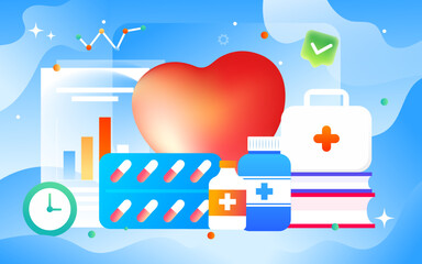Fototapeta premium Doctor takes cold medicine to treat cold and fever, background with various medicines and insurance policies, vector illustration
