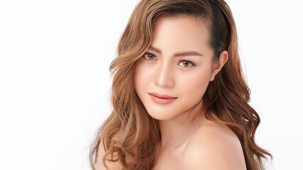 Obraz premium Beautiful young asian woman with clean fresh skin on white background, Face care, Facial treatment, Cosmetology, beauty and spa, Asian women portrait.
