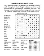 Large print general knowledge word search puzzle (words BEHAVIOR - YEAR). Answer included.
