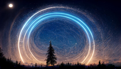 .A hiper-realistic illustration of a starry sky forming a circle over the silhouette of a fir tree. Ai generated image.