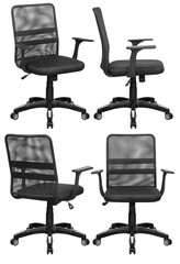 Office computer chair, with a mesh back. Isolated from the background. View from different sides